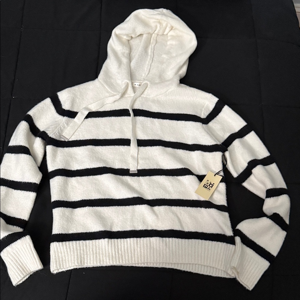 Max Studio White and Black Striped Hoodie Sweater
